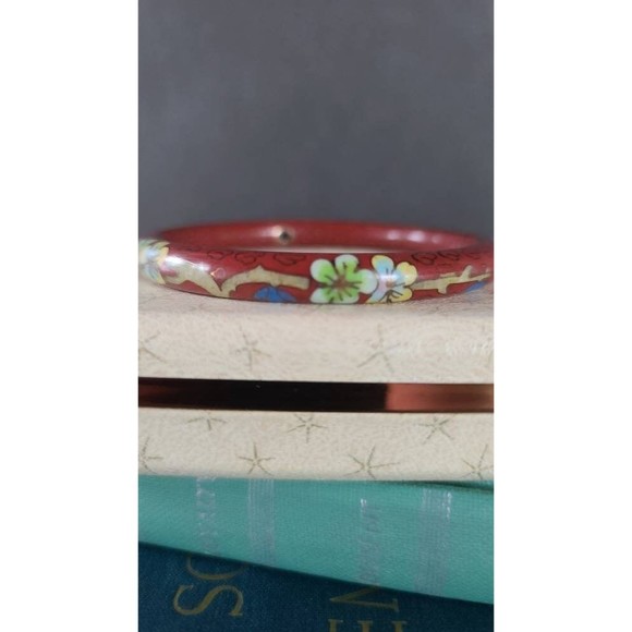 Desert Red Cloisonne Floral Enamel Bangle Bracelet - Picture 7 of 10